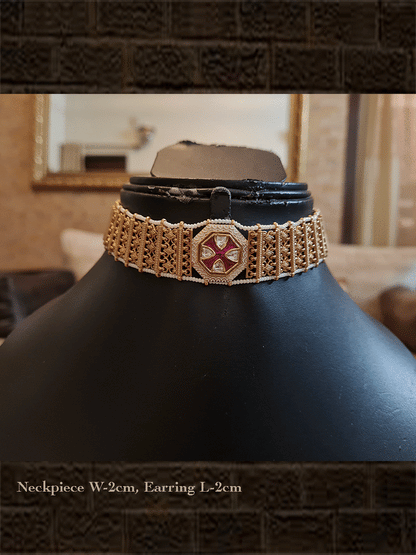 Broad chain strap with both side pirohi with white enamel and ruby octagon shaped center tukdi - Odara Jewellery