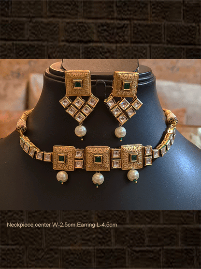 Square golden tukdies with stones embedded and pearl drop kundan set - Odara Jewellery