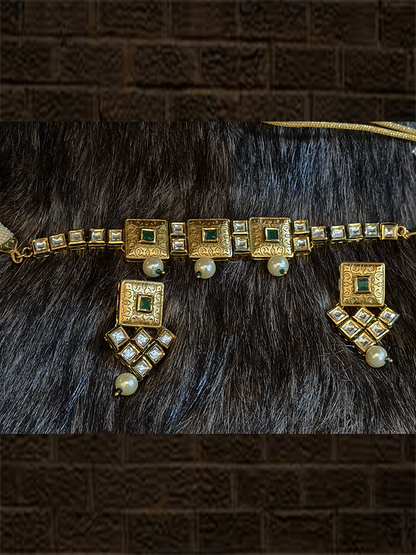 Square golden tukdies with stones embedded and pearl drop kundan set - Odara Jewellery