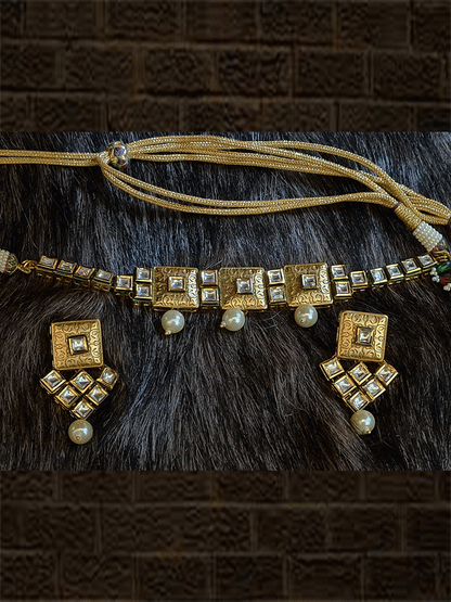 Square golden tukdies with stones embedded and pearl drop kundan set - Odara Jewellery