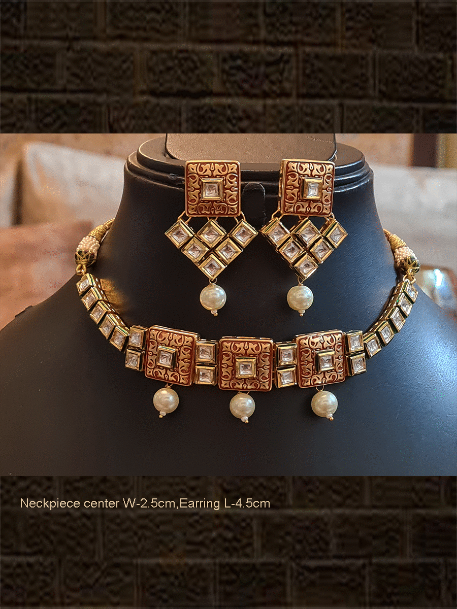 Square golden tukdies with stones embedded and pearl drop kundan set - Odara Jewellery
