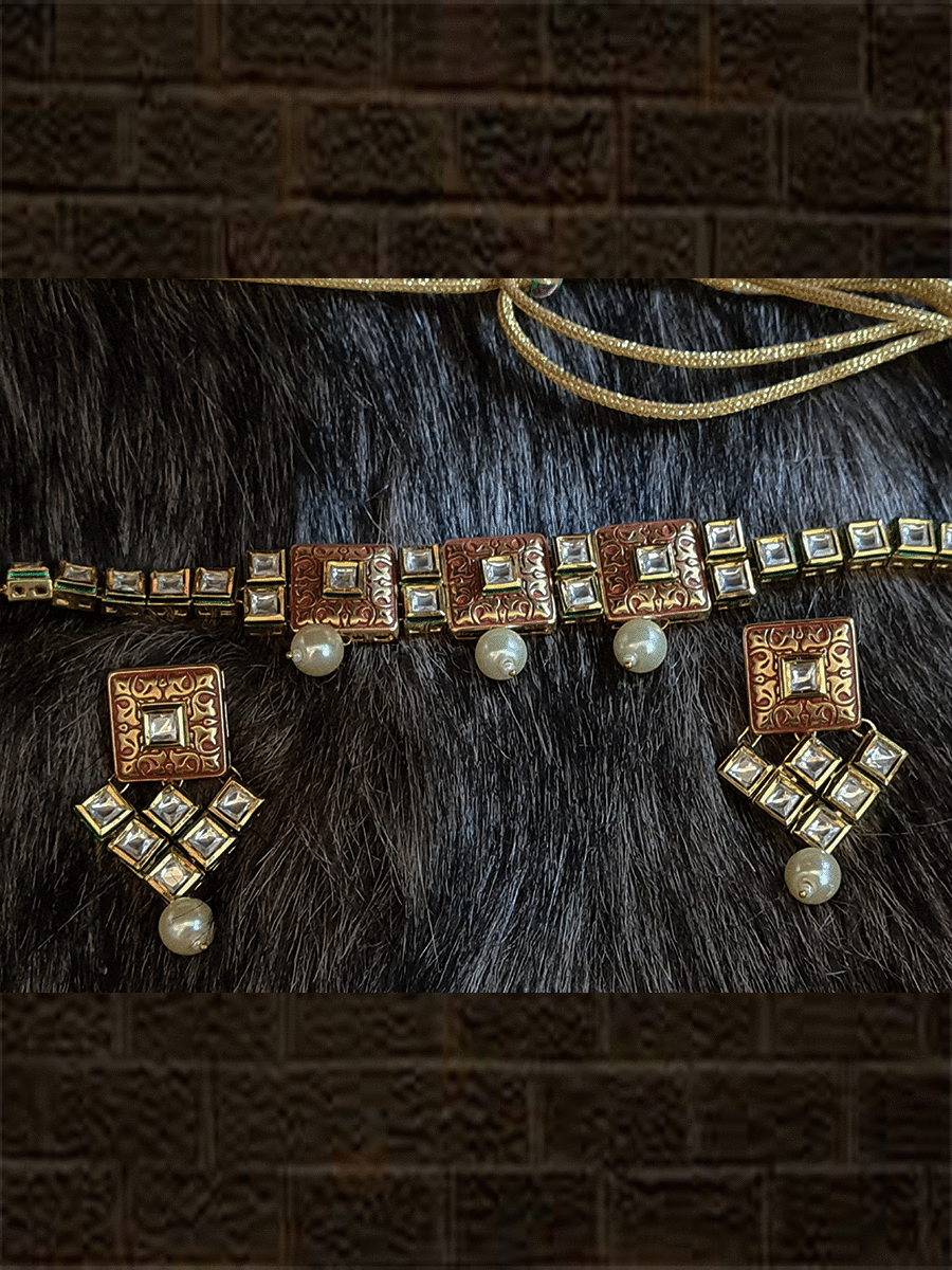 Square golden tukdies with stones embedded and pearl drop kundan set - Odara Jewellery