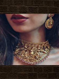 Broad ruby stone embedded krishnaji motif intricate carving set with peacocks and nrityangna's - Odara Jewellery
