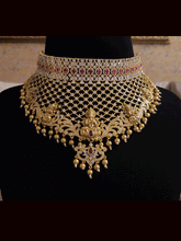 Load image into Gallery viewer, Broad laxmiji motif&#39;s choker with zircons embedded on mesh design with gold bead drop&#39;s