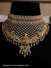 Load image into Gallery viewer, Broad laxmiji motif&#39;s choker with zircons embedded on mesh design with gold bead drop&#39;s