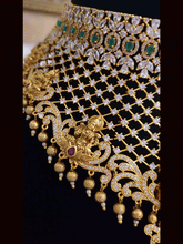 Load image into Gallery viewer, Broad laxmiji motif&#39;s choker with zircons embedded on mesh design with gold bead drop&#39;s