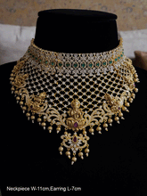 Load image into Gallery viewer, Broad laxmiji motif&#39;s choker with zircons embedded on mesh design with gold bead drop&#39;s