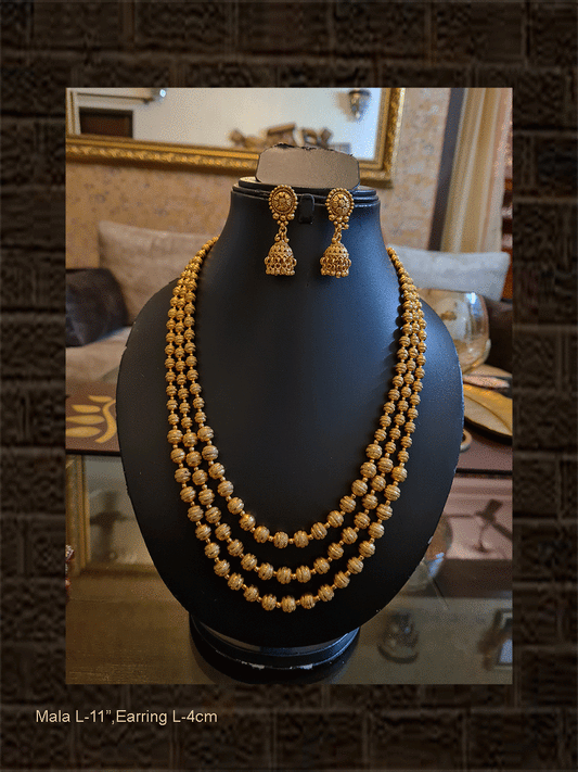 Triple string matar mala with dotted lines design gold beads - Odara Jewellery