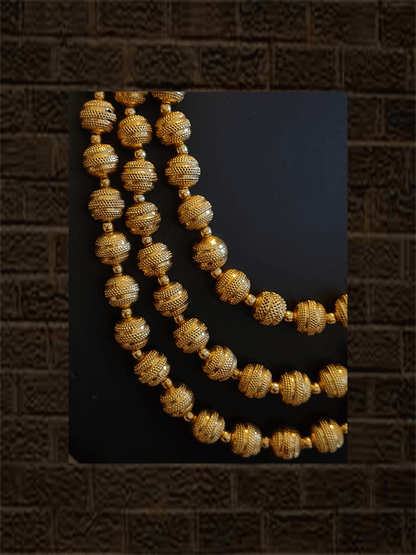 Triple string matar mala with dotted lines design gold beads - Odara Jewellery