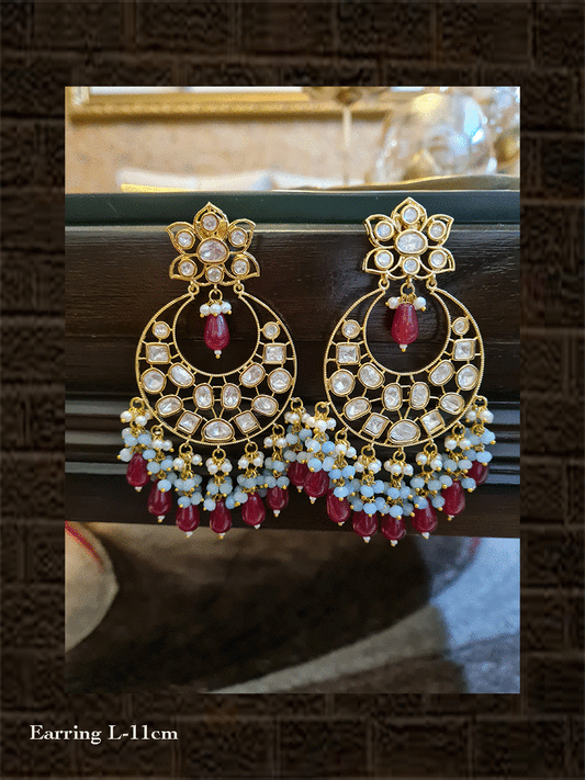 Kundan long earring with sky-blue and ruby drop tassels - Odara Jewellery
