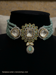 Uncut polki center piece with coloured stones in four strings set - Odara Jewellery