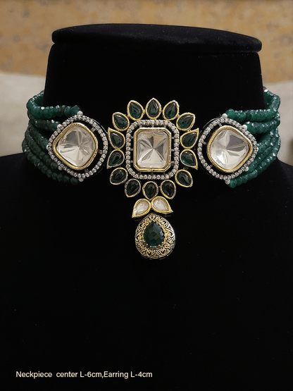 Uncut polki center piece with coloured stones in four strings set - Odara Jewellery