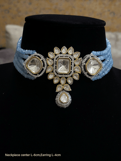 Uncut polki center piece with coloured stones in four strings set - Odara Jewellery