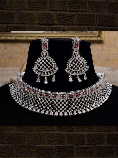 Mesh design silver finish AD set with ruby stones design on top edge - Odara Jewellery