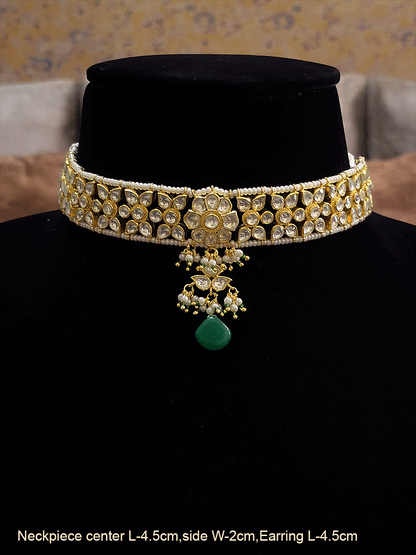 Flower design paachi kundan chik set with coloured drops