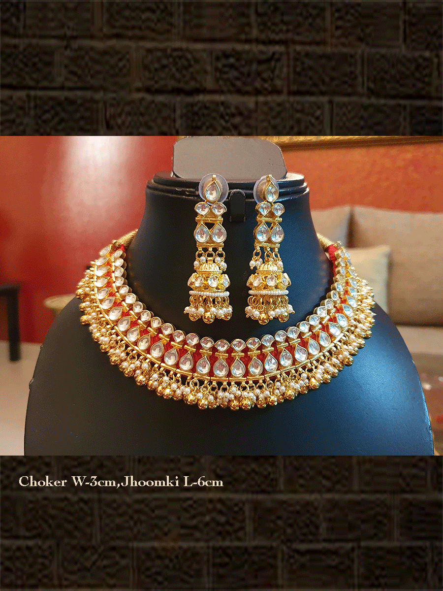 Gold plated Red gaddi kundan set with ghunghru lace with jhoomkies - Odara Jewellery