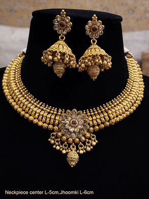Polki flower with center ruby stone with matar bead drop broad side design set