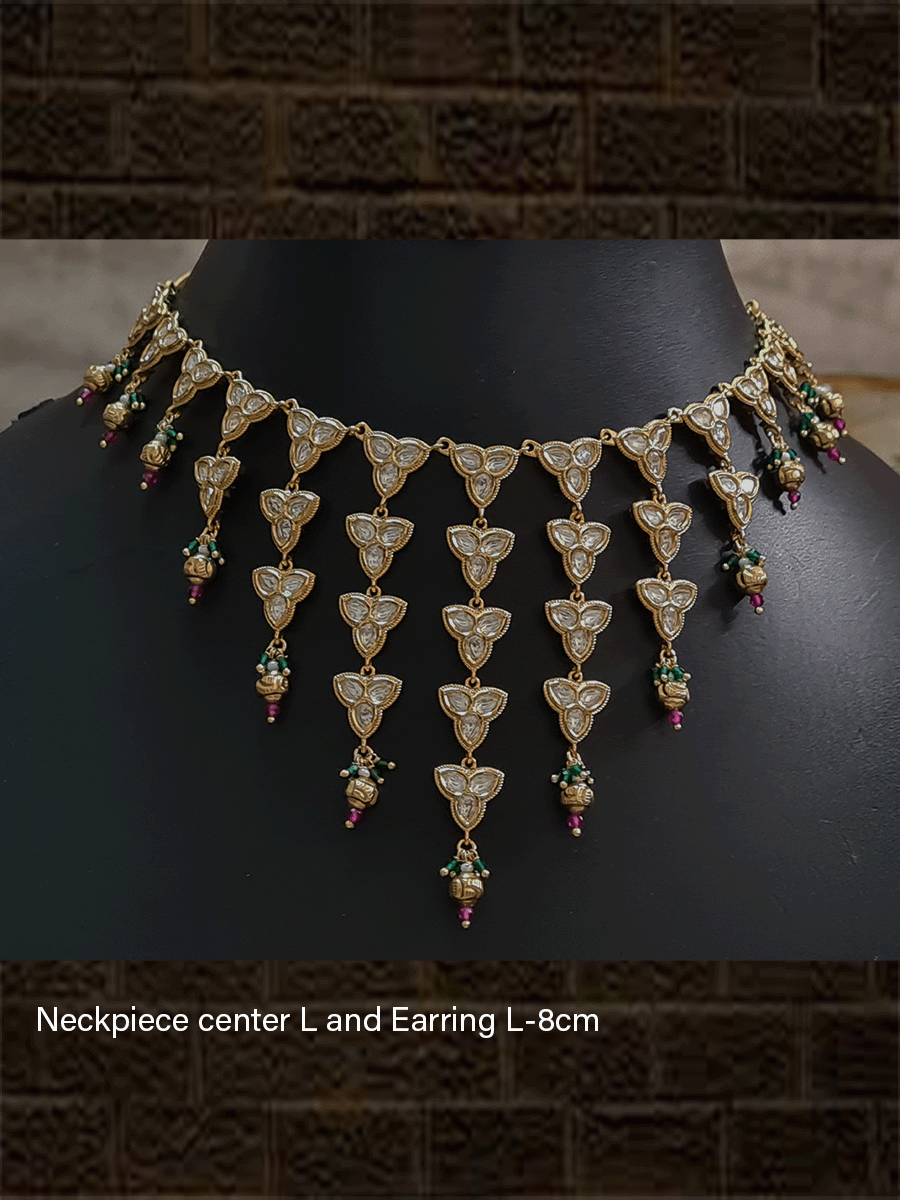 Connecting flower kundan tukdies set with ruby and green bead hangings - Odara Jewellery