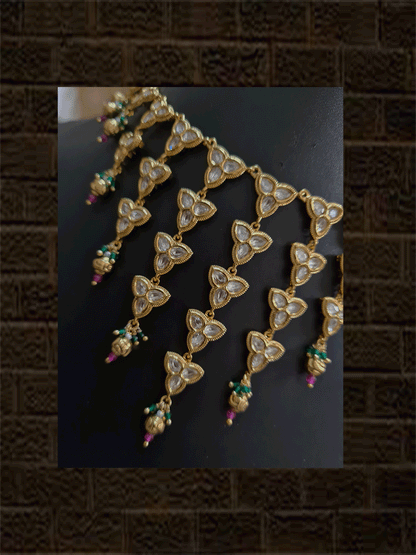 Connecting flower kundan tukdies set with ruby and green bead hangings - Odara Jewellery