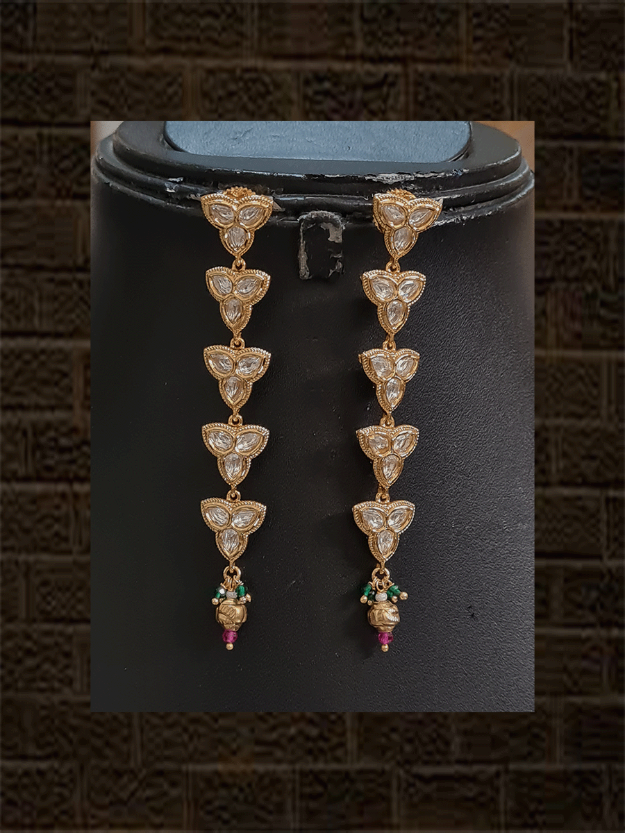 Connecting flower kundan tukdies set with ruby and green bead hangings - Odara Jewellery