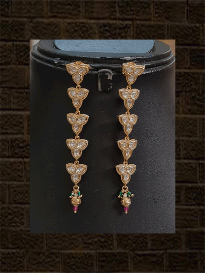 Connecting flower kundan tukdies set with ruby and green bead hangings - Odara Jewellery
