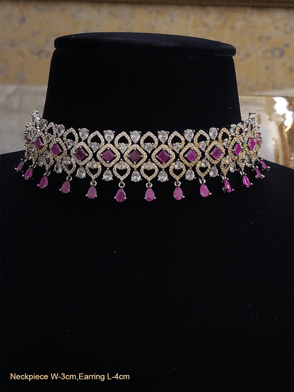Coloured stone drops stylish AD choker set - Odara Jewellery