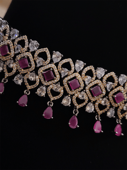 Coloured stone drops stylish AD choker set - Odara Jewellery