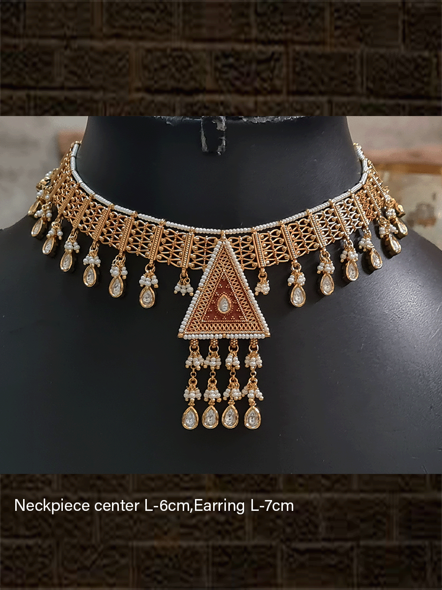 Rust enamel triangular center pendant broad chain set with kundan hangings - Odara Jewellery