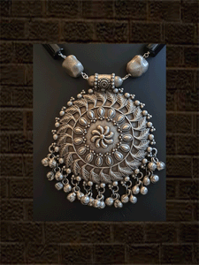Oxidised silver circular pendant set with natural stones strings - Odara Jewellery