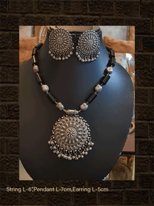 Oxidised silver circular pendant set with natural stones strings - Odara Jewellery