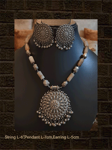 Oxidised silver circular pendant set with natural stones strings - Odara Jewellery