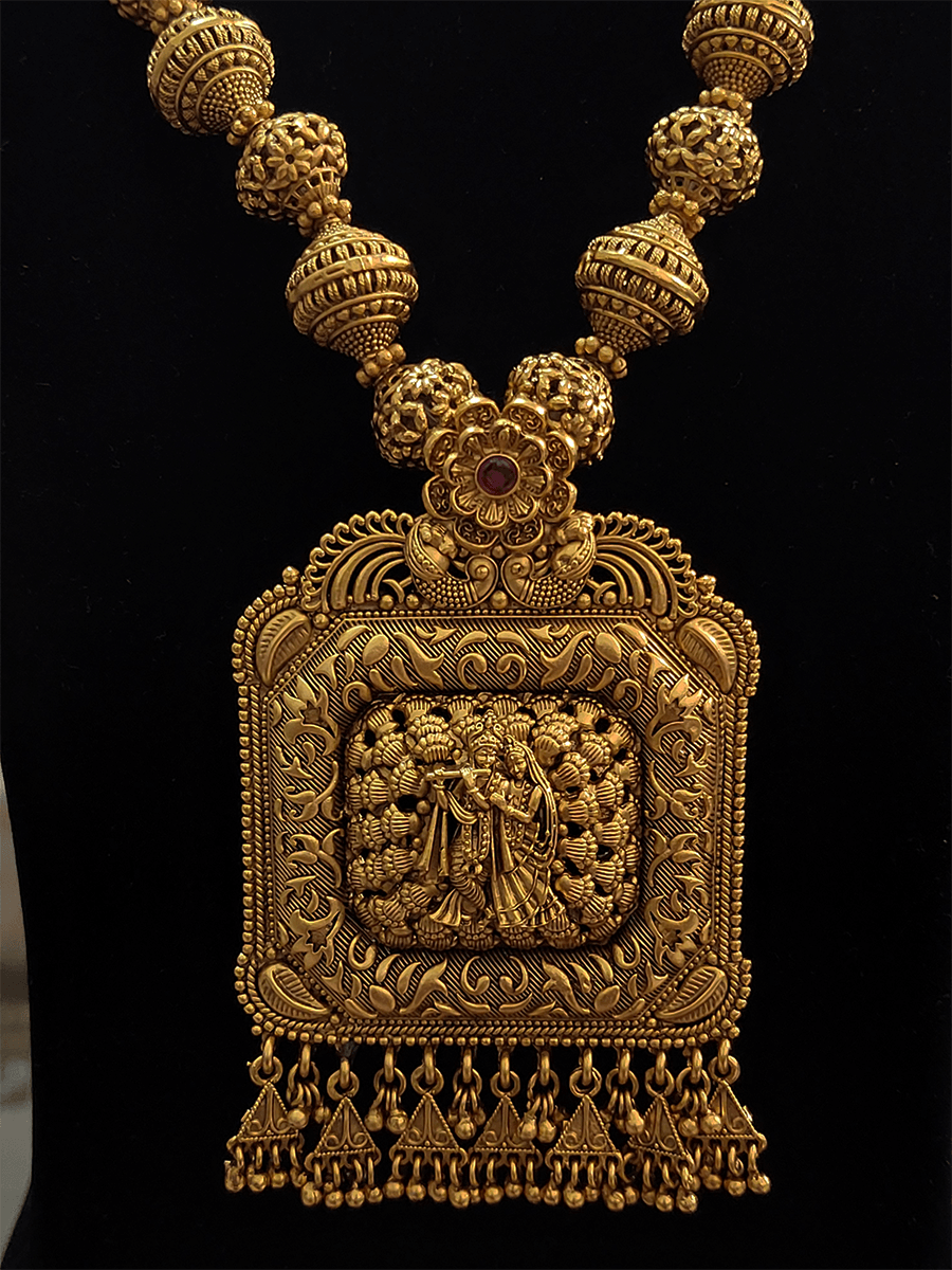 Square bold radha krishna pendant in bold matar bead string - Odara Jewellery