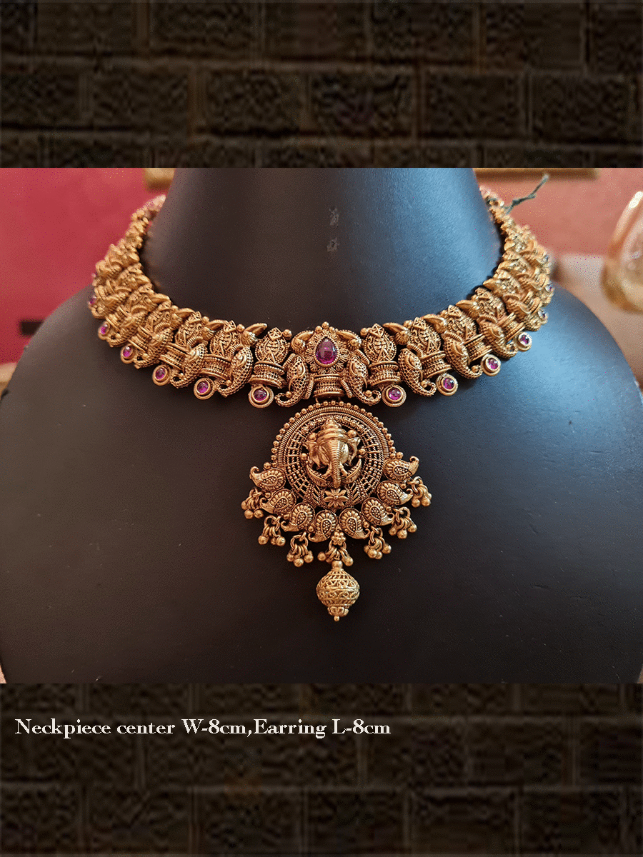 Ganpatiji and paisley design antique gold finish ruby stones set - Odara Jewellery