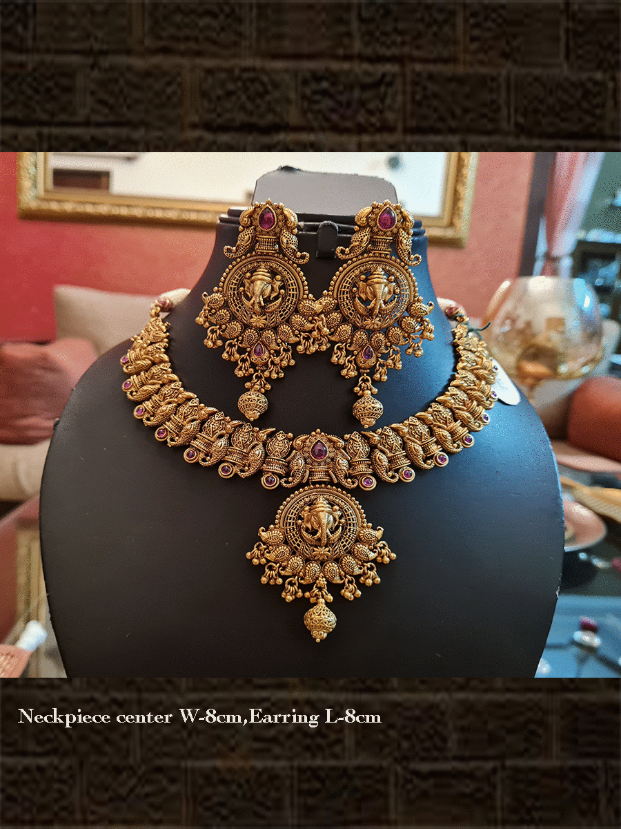 Ganpatiji and paisley design antique gold finish ruby stones set - Odara Jewellery