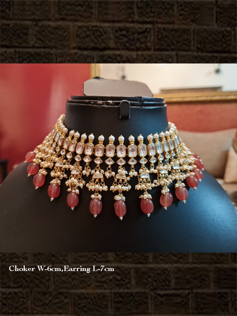 Dark peach kundan broad set with jhoomki earrings - Odara Jewellery