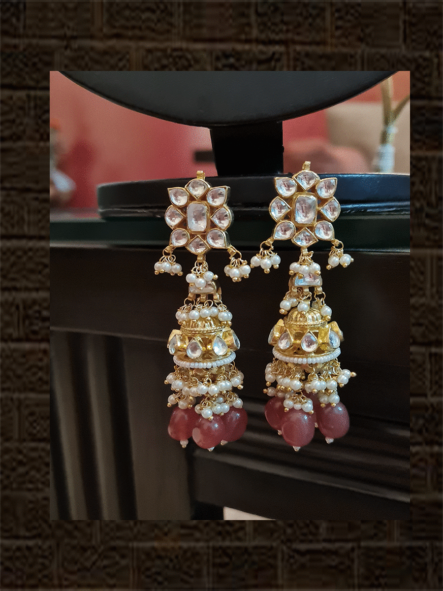 Dark peach kundan broad set with jhoomki earrings - Odara Jewellery