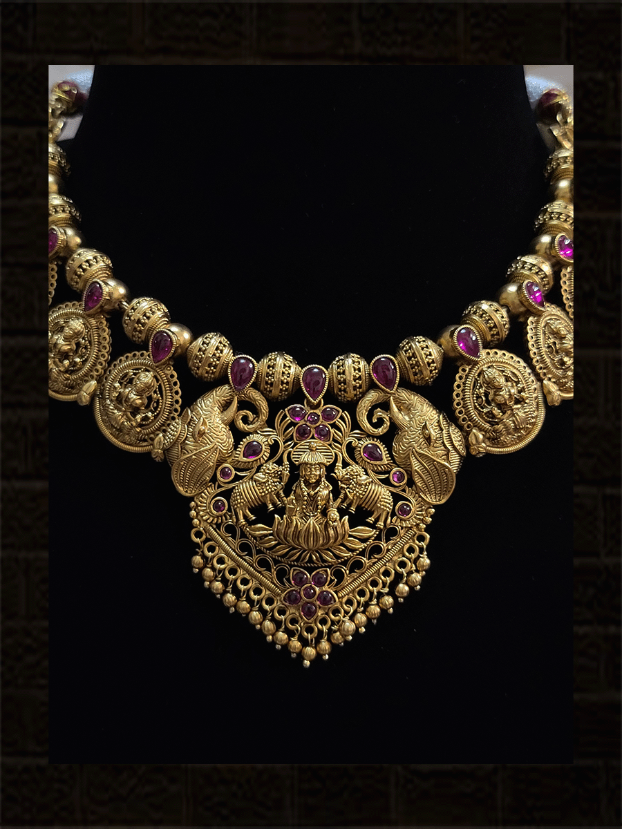 Laxmiji with side elephant design matar bead ruby stone set - Odara Jewellery