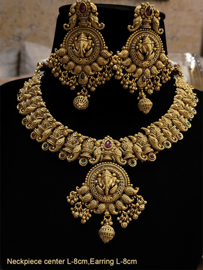 Ganpatiji and paisley design antique gold finish ruby stones set - Odara Jewellery