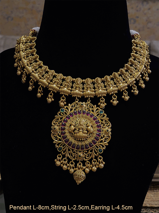 Laxmiji side string with ruby and green stones studded bold laxmiji pendant set - Odara Jewellery