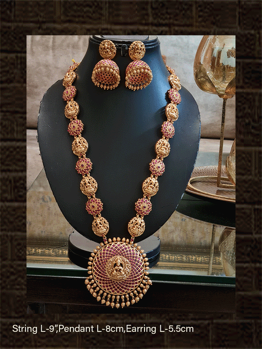 Round ruby stone studded laxmiji motif pendant long set with flower and laxmiji design side chain - Odara Jewellery