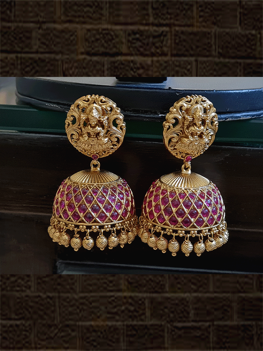 Round ruby stone studded laxmiji motif pendant long set with flower and laxmiji design side chain - Odara Jewellery