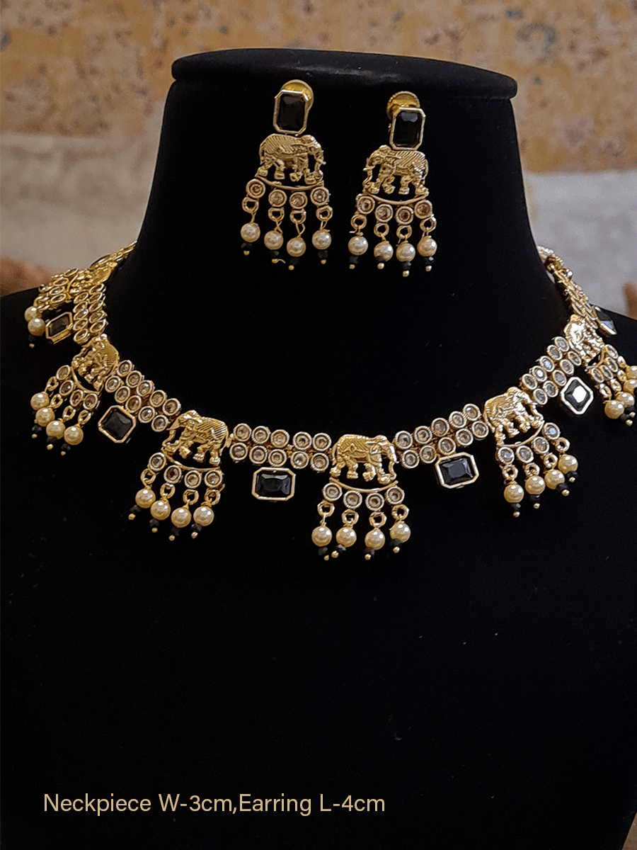 Elephant design set with polki and pearl drops - Odara Jewellery