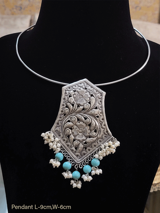 Bold coloured bead drop german silver pendant in silver pipe hasli - Odara Jewellery