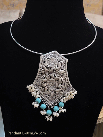 Bold coloured bead drop german silver pendant in silver pipe hasli - Odara Jewellery