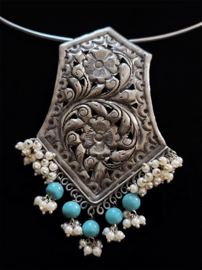 Bold coloured bead drop german silver pendant in silver pipe hasli - Odara Jewellery