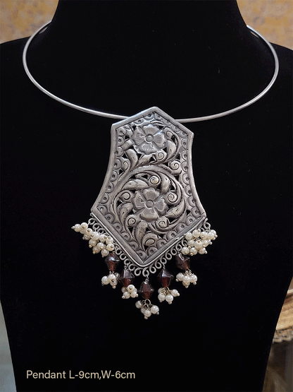 Bold coloured bead drop german silver pendant in silver pipe hasli - Odara Jewellery