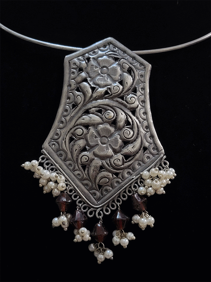Bold coloured bead drop german silver pendant in silver pipe hasli - Odara Jewellery