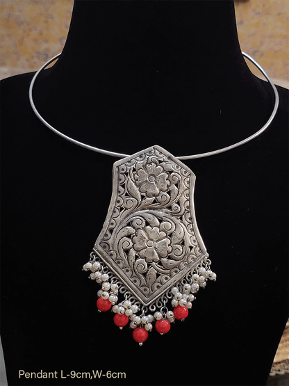 Bold coloured bead drop german silver pendant in silver pipe hasli - Odara Jewellery