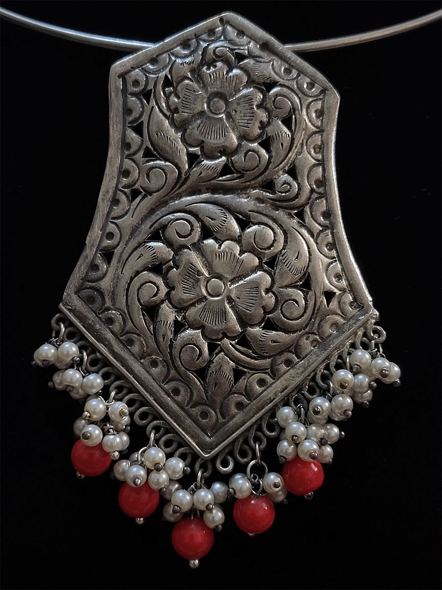 Bold coloured bead drop german silver pendant in silver pipe hasli - Odara Jewellery