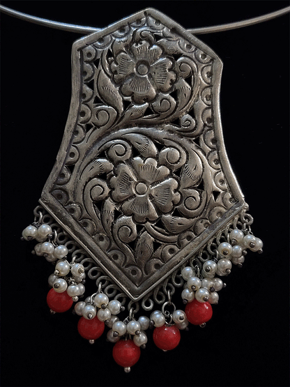 Bold coloured bead drop german silver pendant in silver pipe hasli - Odara Jewellery